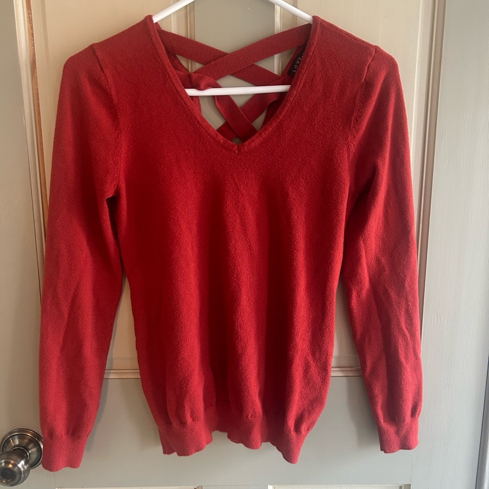 Ellie Red V-Neck Sweater with Crisscross Back